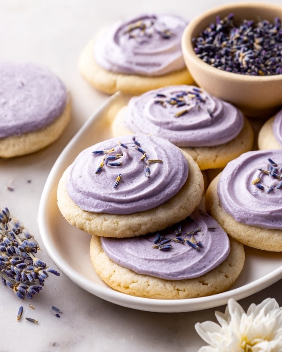 The image shows several round sugar cookies on a white plate, each topped with one thick layer of smooth, shiny lavender-colored frosting swirled in a circular pattern. Small dried purple flower petals are sprinkled on top of each frosting layer, adding delicate texture. The cookies are light golden brown with a soft crumb texture. Nearby is a white bowl filled with more of the dried purple flowers. The whole scene is set on a white marbled surface. Photo taken with an iphone --ar 4:5 --v 7