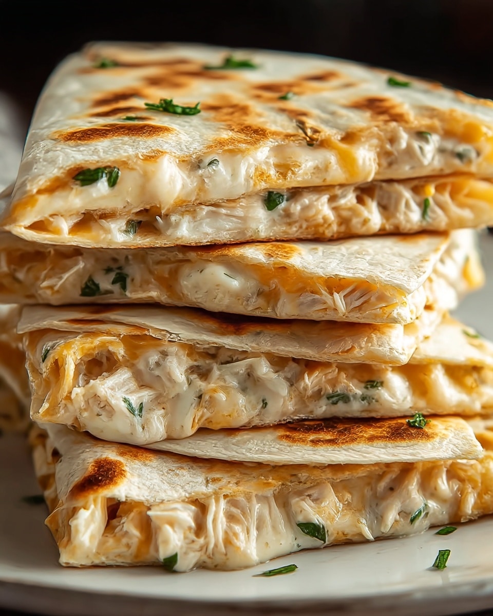 A stack of four folded quesadilla pieces is shown on a white plate, each cut into a triangle shape with golden brown grill marks on the soft flour tortillas. Each layer reveals a filling of white melted cheese mixed with shredded white chicken and scattered fresh green herb bits, creating a creamy texture inside. The quesadillas are arranged neatly, with the top piece slightly tilted to display the gooey cheese and chicken filling inside. The background is a white marbled texture. photo taken with an iphone --ar 4:5 --v 7