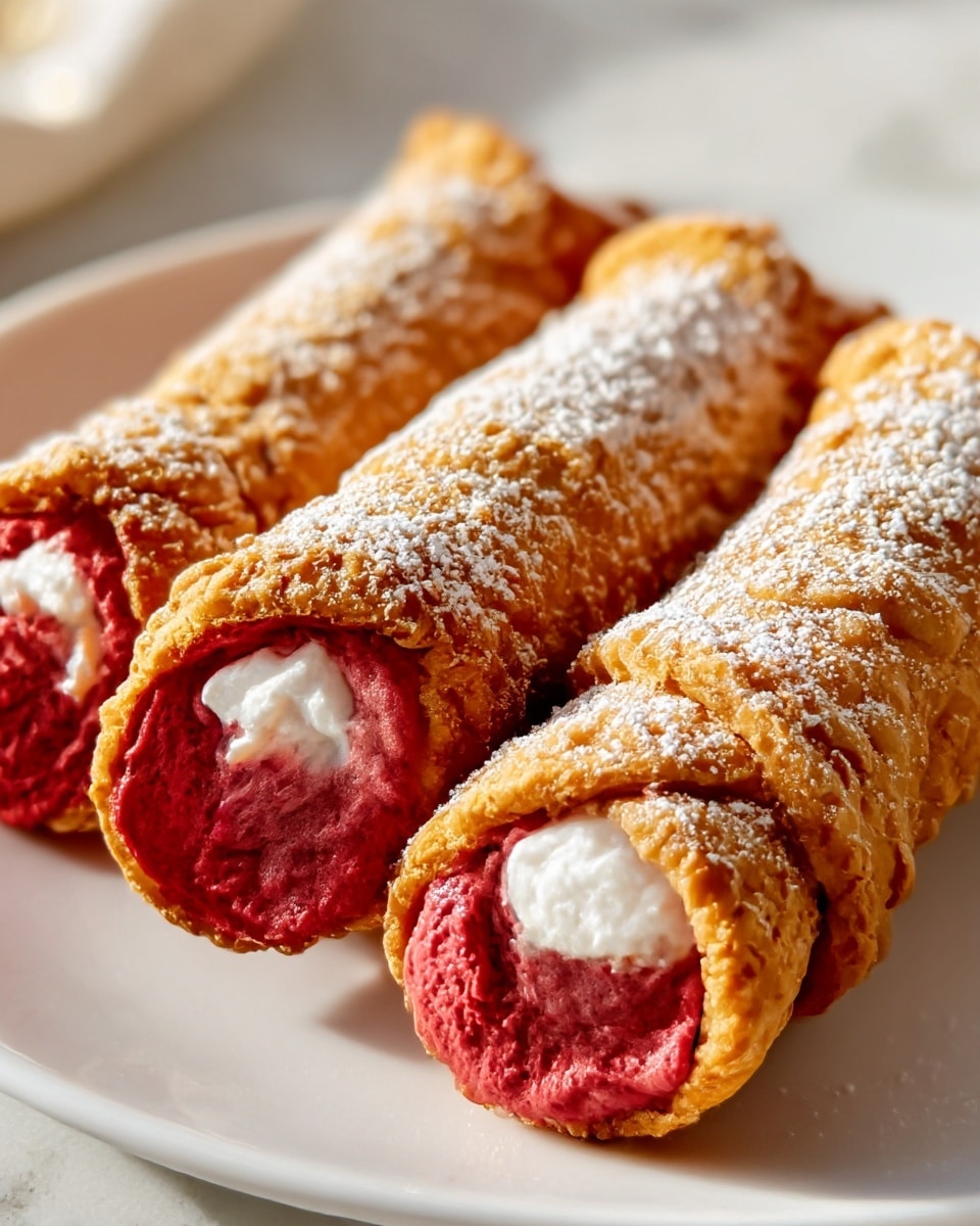 Three golden crispy cannoli shells are filled with a thick, rich, dark red cream that is smooth yet has tiny air holes visible on the exposed ends. Each shell is dusted lightly with powdered white sugar, especially around the edges where the cream meets the shell. The cannoli are stacked close together on a white plate set on a white marbled surface, showing a warm and inviting texture contrast between the crunchy shell and creamy filling. photo taken with an iphone --ar 4:5 --v 7