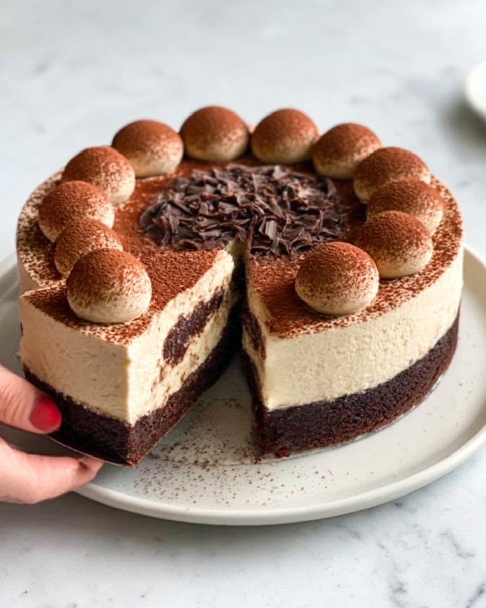 The image shows a round tiramisu cake on a white plate, placed on a white marbled surface. The cake has three clear layers: a dark brown base, a thick creamy middle layer, and a top layer decorated with even dollops of cocoa powder-dusted cream arranged in a circle. In the center, there are small chocolate shavings adding texture. A woman's hand is holding a slice, showing the neatly separated layers inside the cake. Photo taken with an iphone --ar 4:5 --v 7