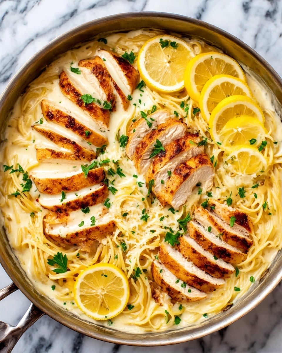 A black pan filled with sliced grilled chicken breasts placed on top of creamy, light yellow pasta. The pasta looks like spaghetti and is covered in a thick white sauce with a smooth texture. There are two thin lemon slices arranged near the chicken for decoration. Small green herbs are sprinkled over the dish. The pan sits on a white marbled surface. Photo taken with an iphone --ar 4:5 --v 7