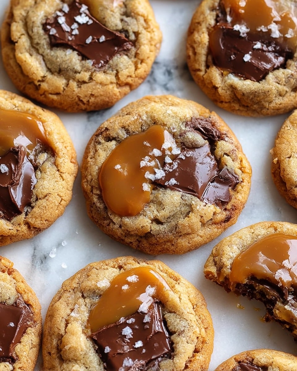 The image shows soft, golden brown cookies with a slightly cracked surface, each topped with melted dark chocolate chunks and swirls of light caramel sauce. Sprinkled coarse sea salt flakes add texture and a touch of sparkle on top. The cookies are arranged closely on a baking sheet with a subtle, white marbled texture underneath. One cookie on the right side is partially broken, revealing a chewy inside that contrasts with the smooth caramel and glossy chocolate pieces. photo taken with an iphone --ar 4:5 --v 7