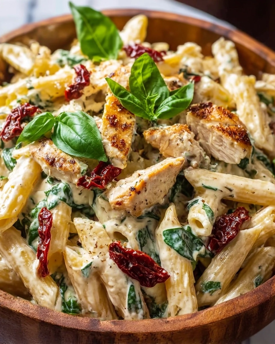 A close-up view of a plate filled with creamy pasta featuring short tube-shaped noodles coated in a smooth white sauce, layered with pieces of browned and seasoned chicken scattered on top. There are dark green spinach leaves mixed throughout the pasta, and small pieces of sun-dried tomatoes add bursts of deep red color, dispersed evenly on the dish. Fresh, bright green basil leaves are placed on top as garnish, and some black pepper flakes are sprinkled over the entire dish. The plate is white, and the background shows a white marbled texture. Photo taken with an iphone --ar 4:5 --v 7