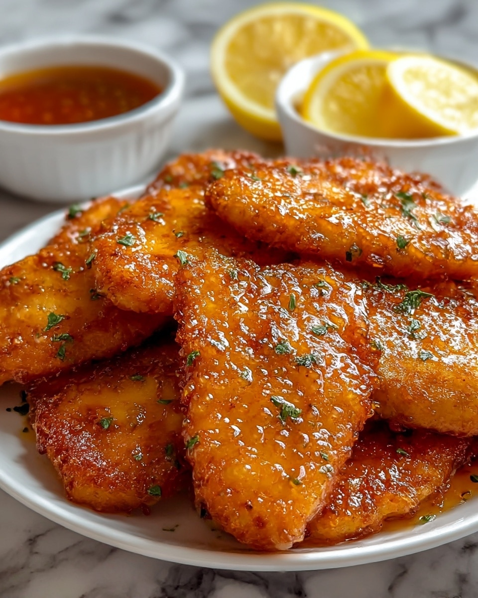 The image shows a pile of golden brown fried fish fillets with a crispy, textured, and crunchy coating, glistening with a sticky glaze on the surface. The fish pieces are irregularly shaped but mostly rectangular and oval, all stacked closely on a white plate. Small green parsley leaves are sprinkled on top, adding a fresh contrast. In the background, slightly out of focus, there are two small white bowls, one holding some amber-colored dipping sauce with green herb bits and the other containing two lemon slices. The scene is set on a white marbled surface. Photo taken with an iphone --ar 4:5 --v 7