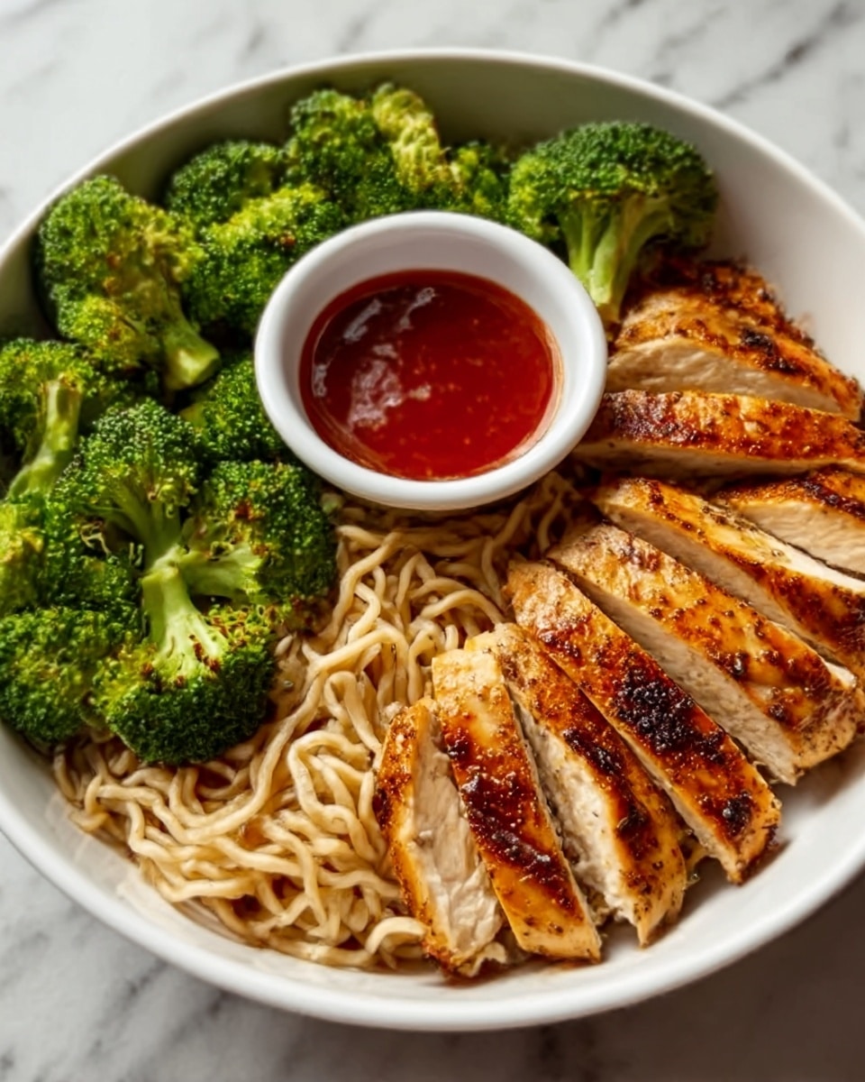 A white bowl sits on a white marbled surface, filled with three main parts. On the left side, there is a pile of small green broccoli florets that look fresh and soft. Next to the broccoli, a portion of light brown noodles fills the bottom left area with a slightly wavy texture. On the right side of the bowl, there are slices of grilled chicken breast, arranged in a row, showing a crispy roasted outside with dark grill marks and a juicy inside. A small white cup filled with red sauce is placed at the top center of the bowl, between the chicken and broccoli. Photo taken with an iphone --ar 4:5 --v 7