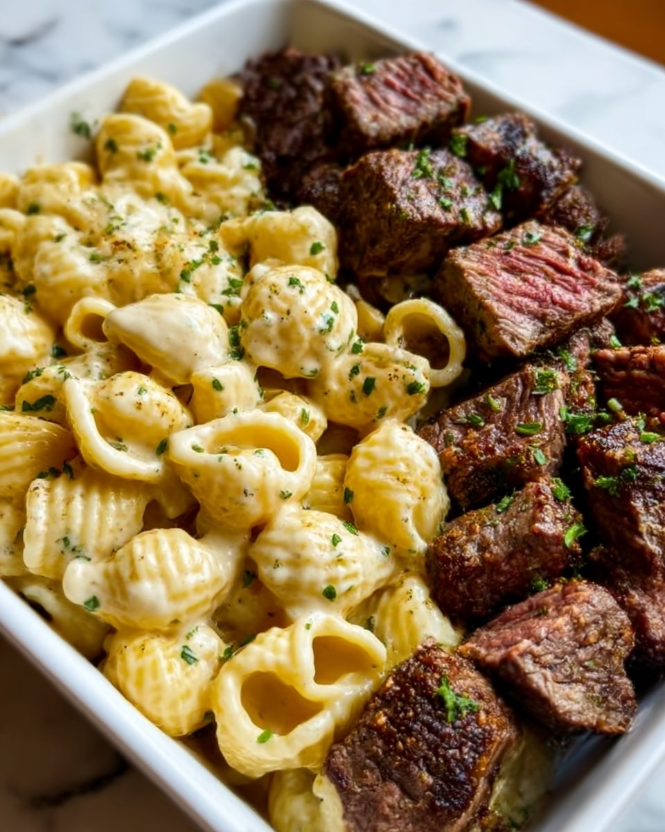 The image shows a white dish filled with two main layers: on one side, creamy yellow shell pasta covered in a smooth cheese sauce with a shiny texture, sprinkled lightly with chopped green herbs; on the other side, a pile of dark brown grilled steak cubes with visible char marks and a juicy, slightly pink inside, also topped with small green herb bits. The pasta shells have a soft, slightly glossy look, while the steak pieces appear tender and well-cooked. The dish is placed on a white marbled surface. photo taken with an iphone --ar 4:5 --v 7