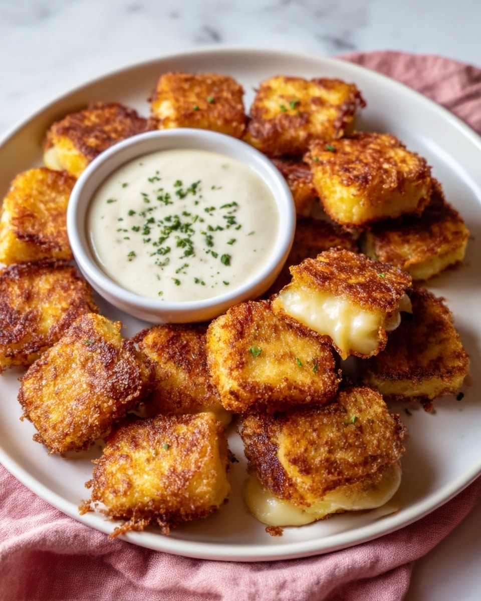 A white plate on a white marbled surface holds about twelve golden-brown, crispy squares of grilled or fried halloumi cheese, each with charred edges and a slightly bubbly texture. In the center of the plate sits a small white bowl filled with creamy, off-white dipping sauce sprinkled with finely chopped green herbs. The cheese squares are arranged closely around the bowl, and a light sprinkle of green herbs also decorates the plate. A pink cloth is partially visible beneath the plate. photo taken with an iphone --ar 4:5 --v 7
