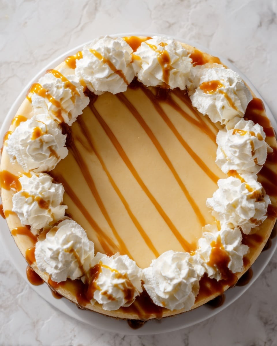 A round caramel cheesecake with a smooth, light brown caramel topping evenly spread on the surface. Around the edge, there are nine large dollops of white whipped cream, each decorated with a thin drizzle of caramel sauce on top. The cheesecake has a light beige crust visible at the bottom side. The dessert is placed on a white plate over a white marbled table surface. photo taken with an iphone --ar 4:5 --v 7