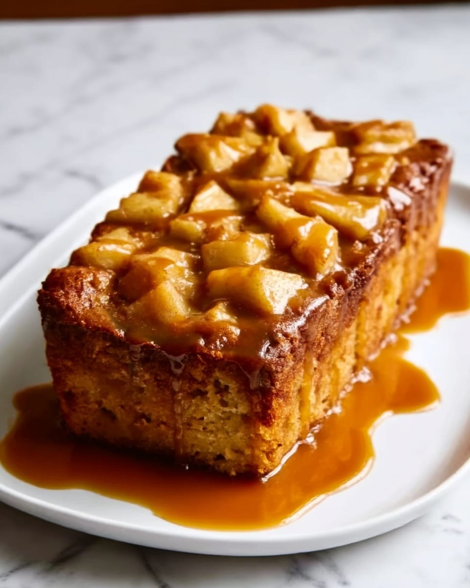 A rectangular loaf cake with a golden-brown crust sits on a white rectangular plate. The top layer is covered with soft, caramelized apple slices that are clumped together, creating a textured surface. The apples are glazed with a shiny, sticky caramel sauce that drips slightly down the sides. The cake base is a rich brown, dense bread with a moist texture visible around the edges. The background is a white marbled surface with soft natural lighting illuminating the cake. Photo taken with an iphone --ar 4:5 --v 7