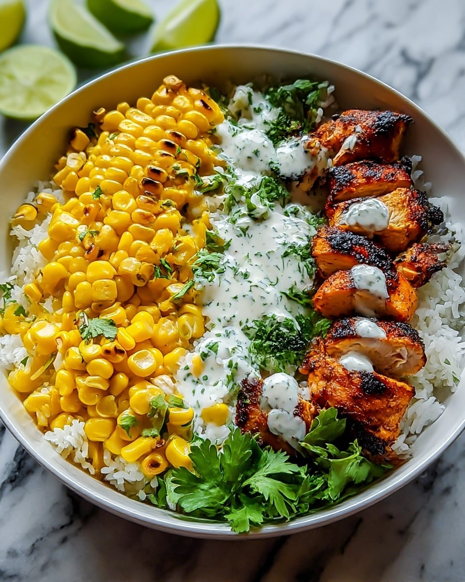 A bowl is filled with three main layers: the bottom layer is white rice with small grains spread evenly, the middle layer consists of bright yellow grilled corn kernels mixed with chopped green herbs, and the top layer shows pieces of grilled chicken with a charred dark brown and golden surface lined up in the center. Around the chicken on one side, there is a bunch of fresh green leafy herbs, and a white creamy sauce is drizzled over the chicken and corn, adding a smooth texture. The bowl sits on a white marbled surface with lime wedges blurred in the background. Photo taken with an iphone --ar 4:5 --v 7