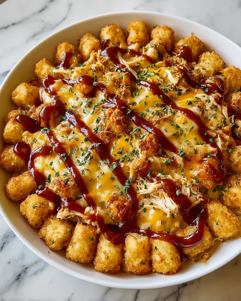 A white round bowl holds a dish with crispy golden tater tots arranged in layers on top, each piece coated lightly in melted yellow-orange cheese with some white cheese underneath. Scattered small pieces of cooked shredded chicken and finely chopped white onions are mixed throughout the dish. There are smooth, shiny, dark brown swirls of barbecue sauce drizzled evenly across the surface, and the entire dish is sprinkled with finely chopped green herbs. The bowl sits on a white marbled surface. Photo taken with an iphone --ar 4:5 --v 7