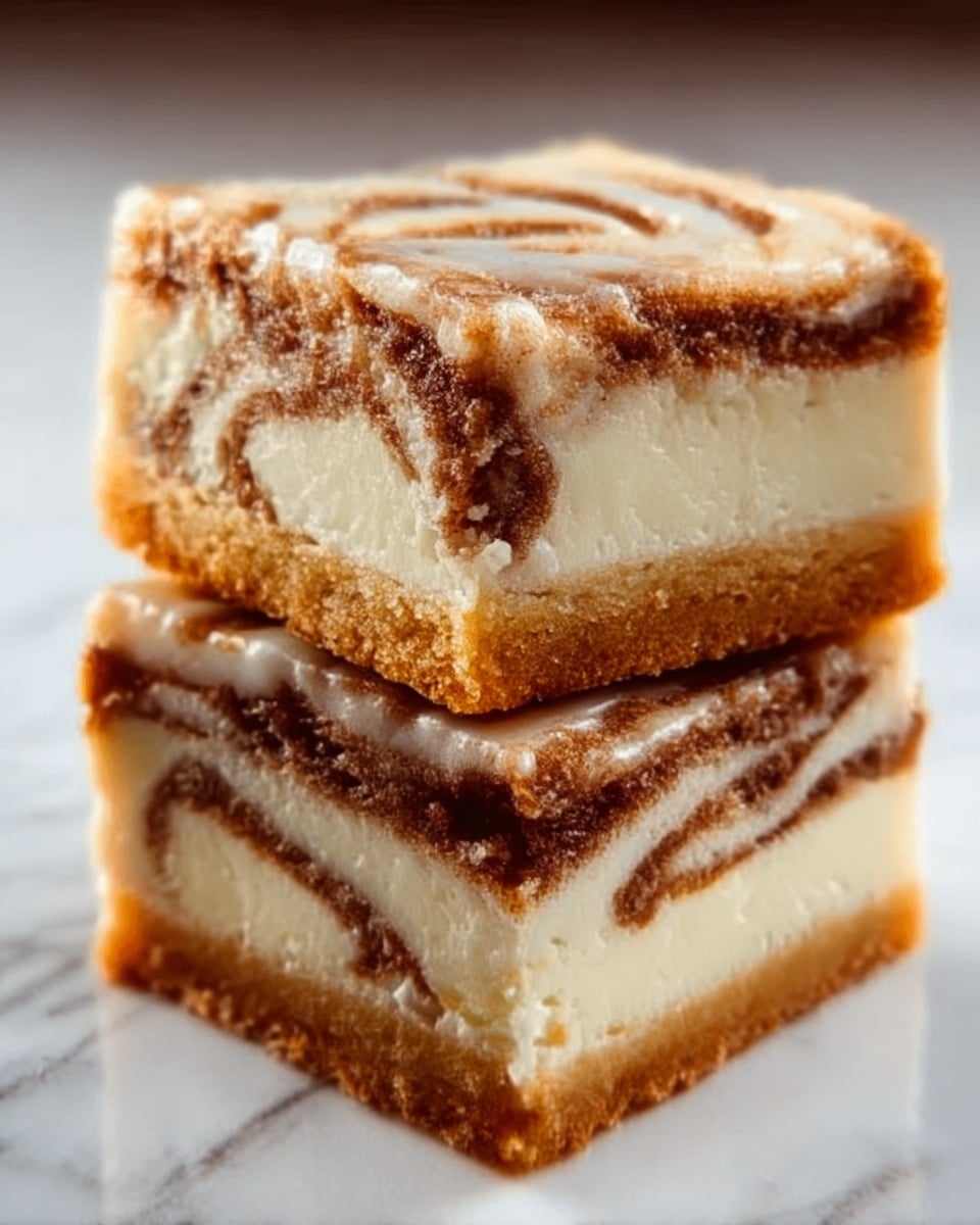 Two square pieces of a dessert stacked on a white surface with a white marbled texture. Each piece has three visible layers: the top and bottom layers are light golden brown with a soft, cake-like texture, while the middle layer is filled with a dark, rich cinnamon swirl. The top layer is drizzled with a light tan icing that creates a smooth pattern. The dessert looks moist and fluffy with a clear contrast between the creamy icing, the cinnamon filling, and the soft cake layers. Photo taken with an iphone --ar 4:5 --v 7