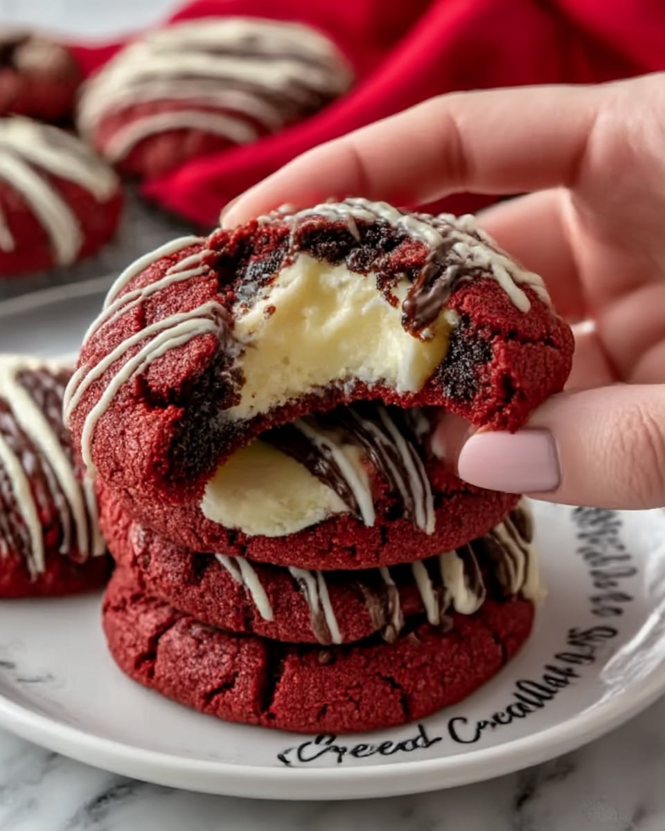 The image shows several red velvet cookies with white cream cheese filling, placed on a white plate with black text. Each cookie is round and thick, with a deep red color on the outside and a visible creamy white center. The top of the cookies is drizzled with dark chocolate in thin lines, adding texture and contrast. The surface of the cookies has a slightly cracked look, revealing the soft inside. One cookie is held by a woman's hand and is partially bitten, showing the layers clearly: the red outer cookie, white cream cheese filling, and bits of chocolate. The background is a white marbled surface with a warm, cozy setting. photo taken with an iphone --ar 4:5 --v 7
