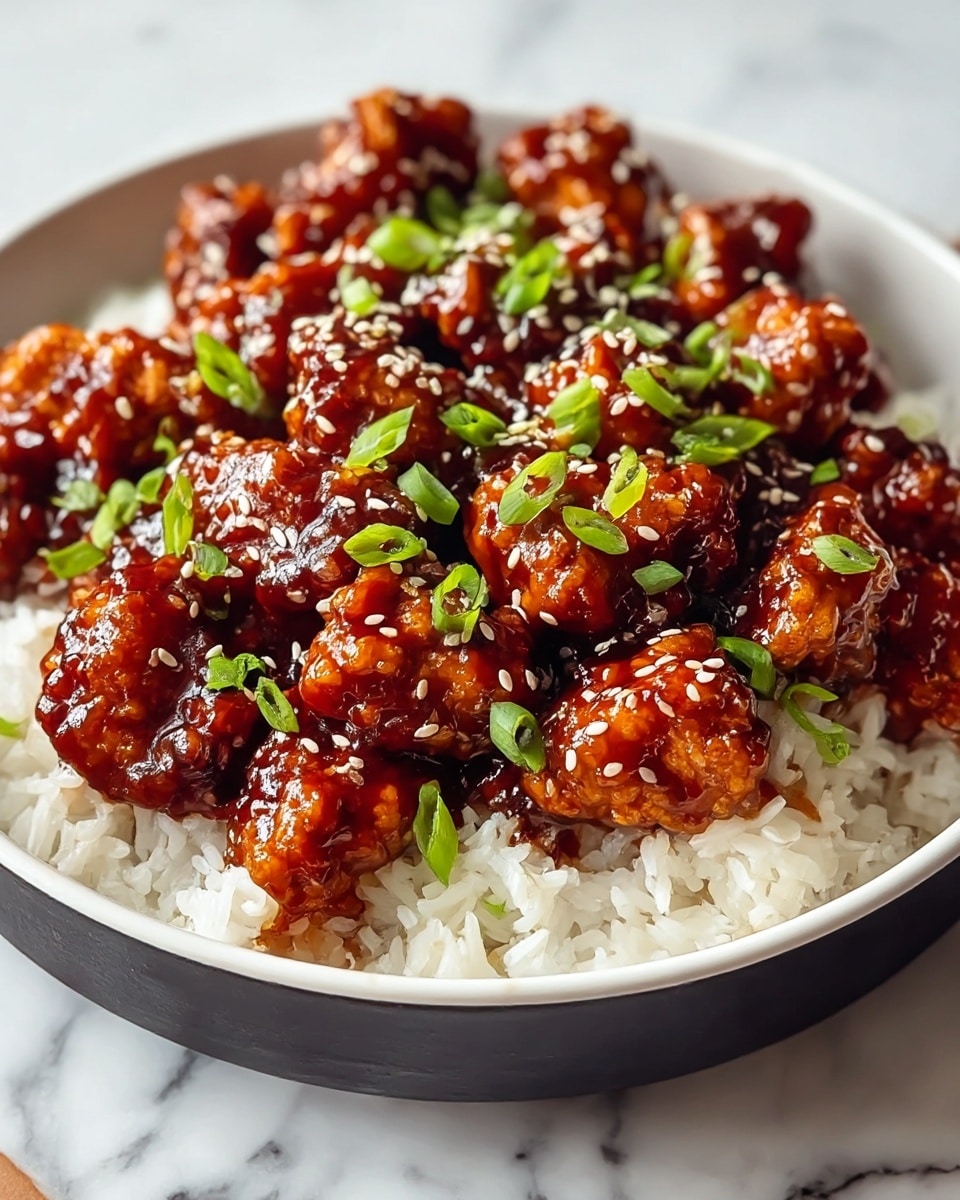 A white bowl filled with two main layers: the bottom layer is a bed of fluffy white rice, visible around the edges and peeking through the top; the top layer is made of bite-sized pieces of crispy fried chicken covered in a shiny, thick dark brown sauce giving a glossy texture. The chicken is sprinkled with small white sesame seeds and chopped green onion pieces, adding contrast with bright green. The bowl sits on a white marbled surface. photo taken with an iphone --ar 4:5 --v 7