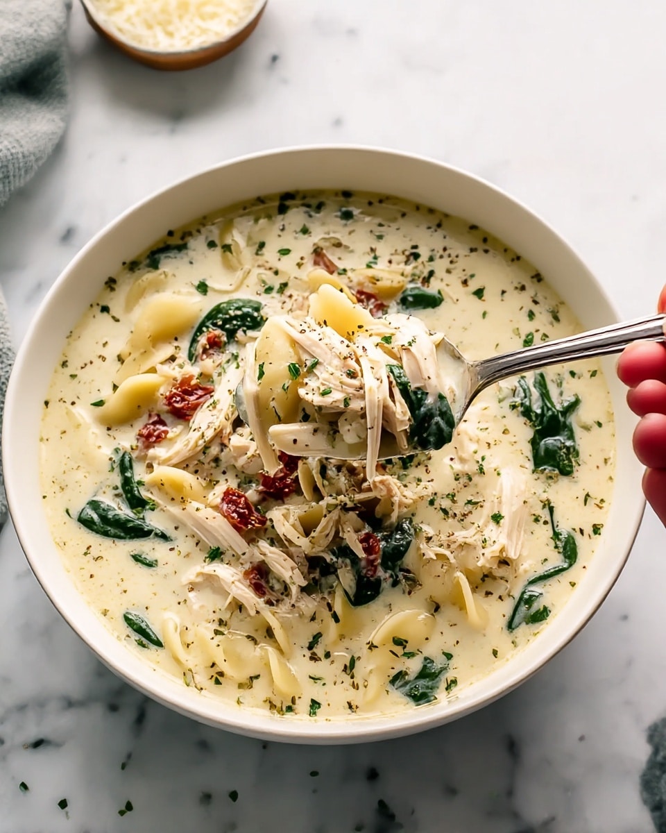 A close-up of a white bowl filled with creamy soup that has three main layers: the base is a thick white cream with herbs sprinkled throughout, the middle layer includes pale yellow pasta curls and pieces of light brown shredded chicken, and bright dark green spinach leaves are spread evenly on top. On the surface, there are small bits of red sun-dried tomatoes and green herbs sprinkled for garnish. A spoon held by a woman's hand lifts a scoop full of this mixture showing all layers together. The bowl sits on a cloth with a white marbled surface in the background. Photo taken with an iphone --ar 4:5 --v 7