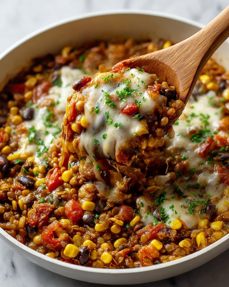 A close-up view of a one-layer dish in a pan filled with cooked lentils mixed with black beans, yellow corn kernels, and small pieces of red bell pepper. The lentils appear brown and soft, while the beans are dark black and smooth, and the corn is bright yellow and plump. Melted white cheese is spread unevenly on top, melting into the lentil mixture with some green chopped herbs sprinkled over. A wooden spoon is lifting a serving of the lentil mix, showing cheese strands stretching down. The pan sits on a white marbled texture. Photo taken with an iphone --ar 4:5 --v 7