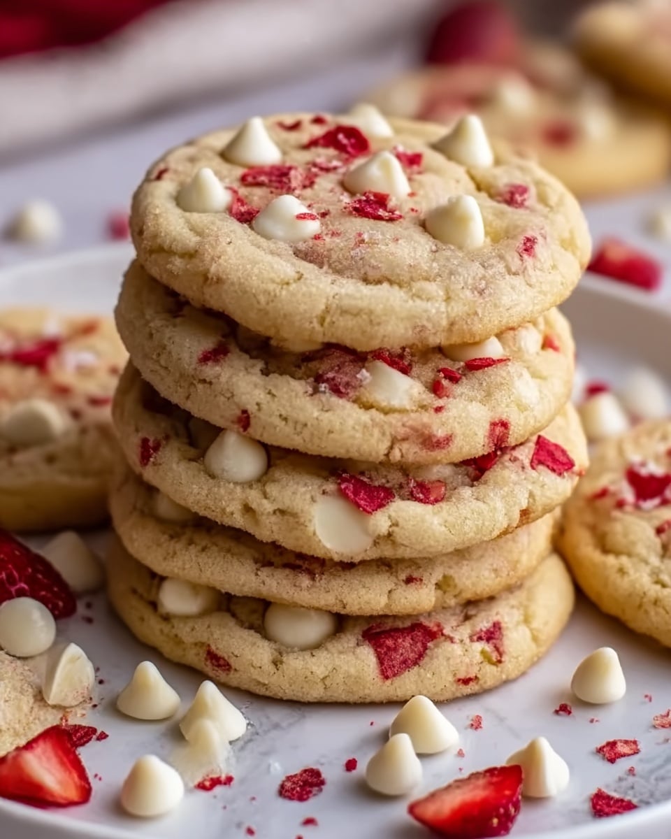 The image shows a close-up of a stack of seven soft cookies on a white plate, placed on a white marbled surface. Each cookie has a light golden color with a slightly cracked texture, dotted with white chocolate chips and small red strawberry pieces both on top and inside. Some white chocolate chips and strawberry bits are scattered around the plate, adding extra detail. A woman's hand holds the plate gently from the side. Photo taken with an iphone --ar 4:5 --v 7