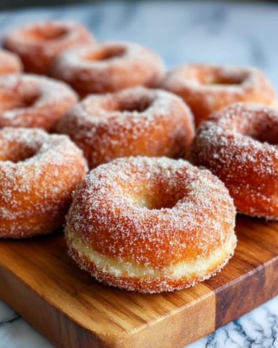 The image shows a close-up of several round, golden-brown sugared donuts with slightly crispy edges sitting on a wooden board. Each donut is covered in a layer of white granulated sugar, giving them a textured, sparkly look. The donuts have a soft and fluffy appearance with small air pockets visible, and they are placed closely together with one slightly in front, showing its rounded shape and hole in the middle. The background has a white marbled surface, adding a clean and bright contrast to the warm colors of the donuts. Photo taken with an iphone --ar 4:5 --v 7