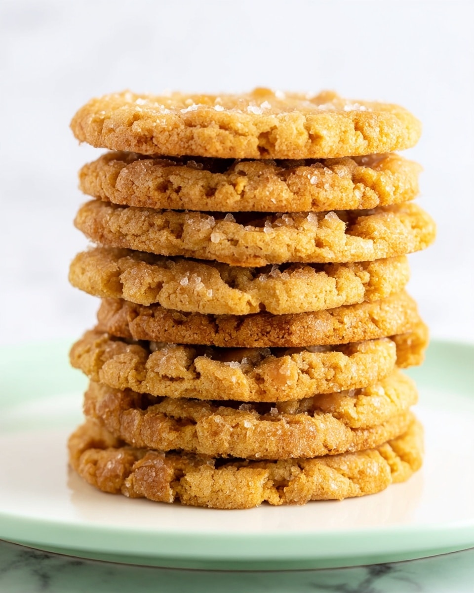A stack of seven round cookies with a light golden brown color and a cracked, crumbly texture is shown, sprinkled lightly with granulated sugar on top and on the sides. The cookies are slightly uneven in thickness, showing a homemade look with rough edges. They are stacked neatly on a smooth, white plate with a soft green hue, with a white marbled texture in the background. The close-up shot highlights the details of the sugar crystals and rough cookie surfaces. Photo taken with an iphone --ar 4:5 --v 7