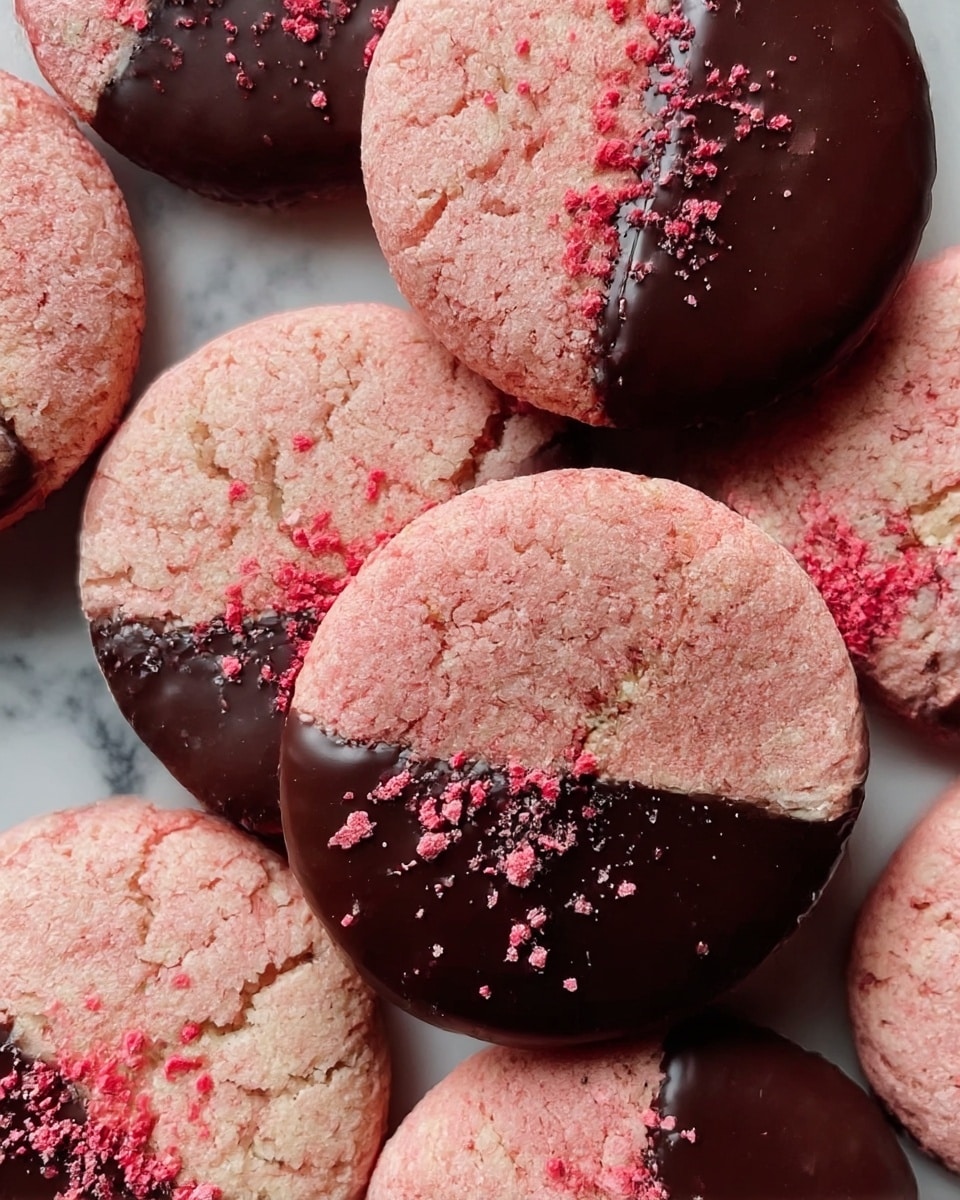 The image shows a close-up of round, pink cookies with a slightly cracked texture. Each cookie is dipped halfway on top in smooth, dark chocolate, creating a clear half-and-half design. On the chocolate part, there are small pieces and crumbles of red sprinkles added for texture and color contrast. The cookies are stacked closely together on a white marbled surface, filling the frame with their soft pink and shiny dark brown colors. photo taken with an iphone --ar 4:5 --v 7