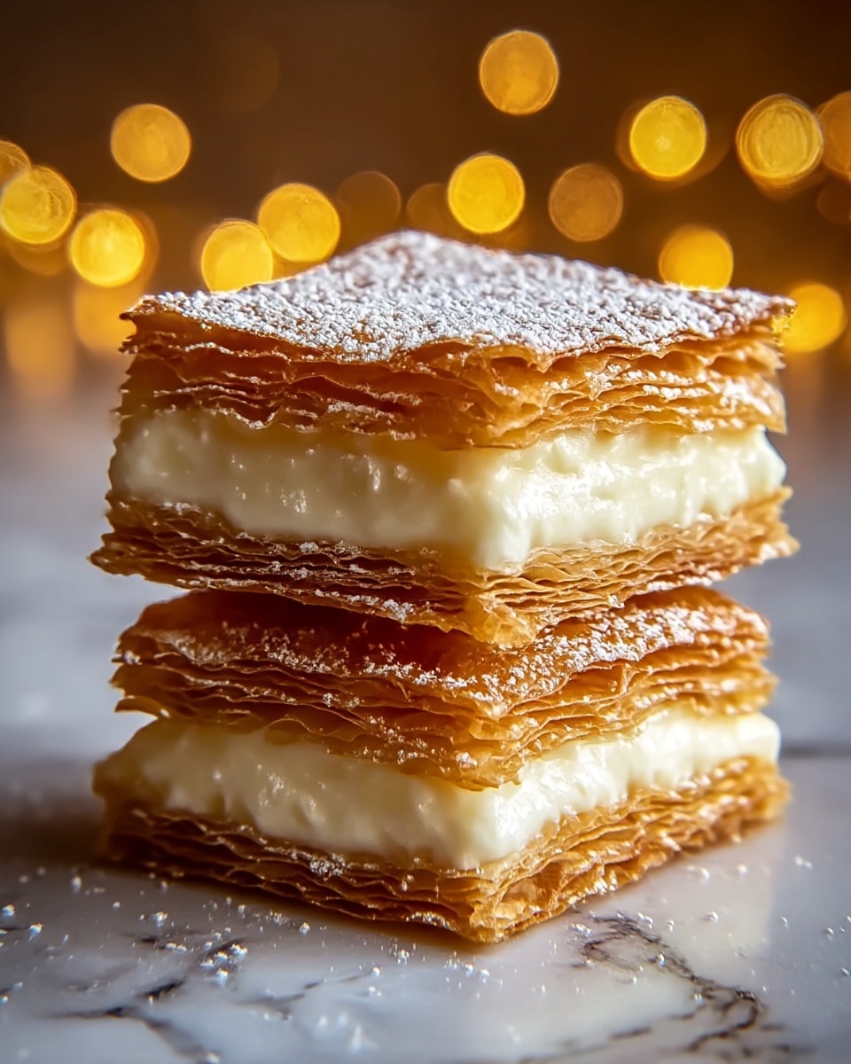 The image shows a stack of three layers of golden brown, crispy puff pastry with flaky, uneven edges, each layer separated by a thick, creamy white filling that looks smooth and soft. The top puff pastry layer is dusted lightly with powdered sugar, which also sprinkles around the bottom on the wooden surface. Warm yellow bokeh lights glow softly in the blurred background, adding a cozy feeling. The dessert is placed on a white marbled surface. Photo taken with an iphone --ar 4:5 --v 7