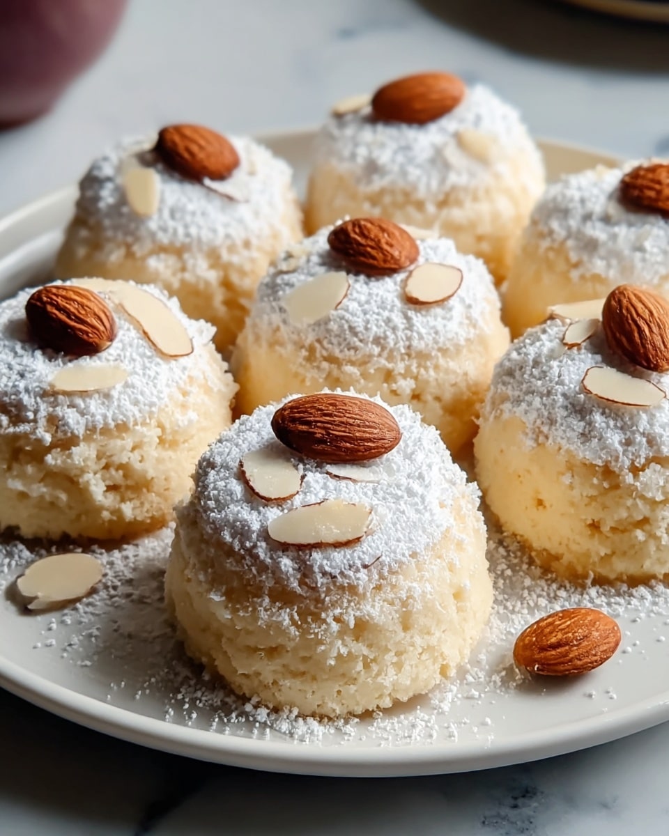 Seven round light beige spongy cakes are arranged on a white plate. Each cake has a generous topping of white powdered sugar covering its top, with a single whole almond and a thin almond slice placed on the powdered sugar. The plate also has some powdered sugar scattered around the cakes. The setting is on a white marbled textured surface with a subtle background blur. photo taken with an iphone --ar 4:5 --v 7