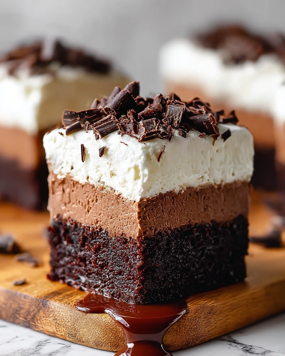 A close-up of a three-layer chocolate dessert slice on a wooden board with a drop of chocolate sauce in front. The bottom layer is dark, moist, and dense chocolate cake with a slightly rough texture. The middle layer is a lighter, creamy chocolate mousse with a smooth and fluffy texture. The top layer is thick white cream, soft and airy, covered with large dark chocolate curls curling around the edges. The background is a white marbled texture. photo taken with an iphone --ar 4:5 --v 7