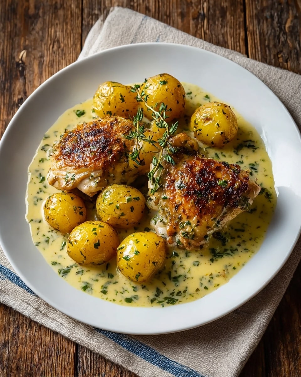 A white plate holds a dish with two pieces of golden-brown roasted chicken, crispy and covered with green herbs and spices, slightly charred on top. Around the chicken are seven small yellow roasted potatoes with a slightly shiny, herb-speckled surface. The chicken and potatoes sit in a creamy white sauce with green herbs mixed in. A small sprig of fresh green thyme garnishes the dish, resting between the chicken pieces. The plate is placed on a beige linen cloth with a blue stripe, set on a white marbled surface. photo taken with an iphone --ar 4:5 --v 7