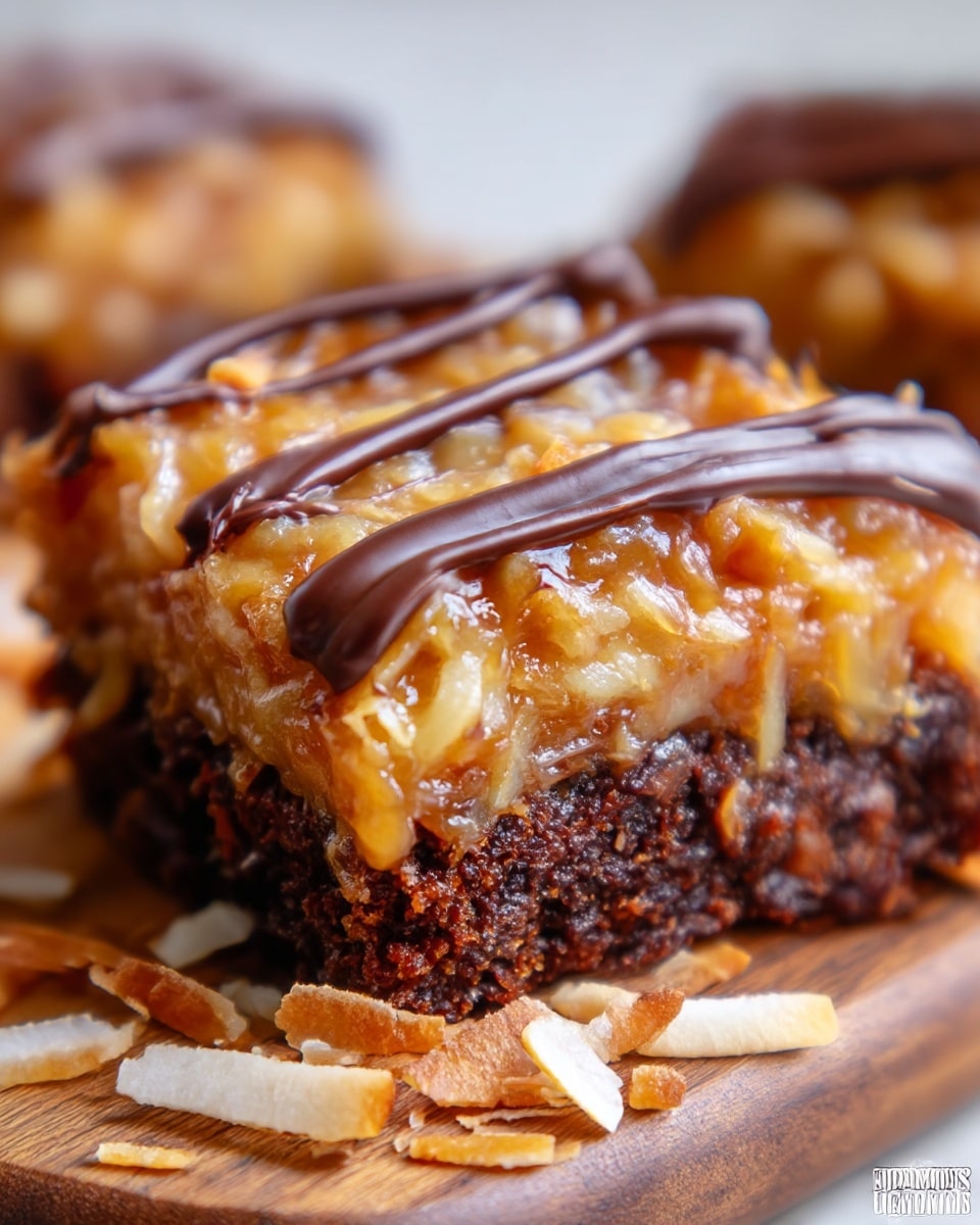 A close-up view of a square dessert bar showing two distinct layers, with the bottom layer being a dark brown, crumbly chocolate cake base, and the top layer a moist, glossy caramel and coconut mixture with shredded coconut pieces visible throughout. Three thin, uneven lines of dark chocolate drizzle run across the top layer. The bar sits on a light wood surface with some toasted coconut flakes scattered around. The background is a white marbled texture. photo taken with an iphone --ar 4:5 --v 7