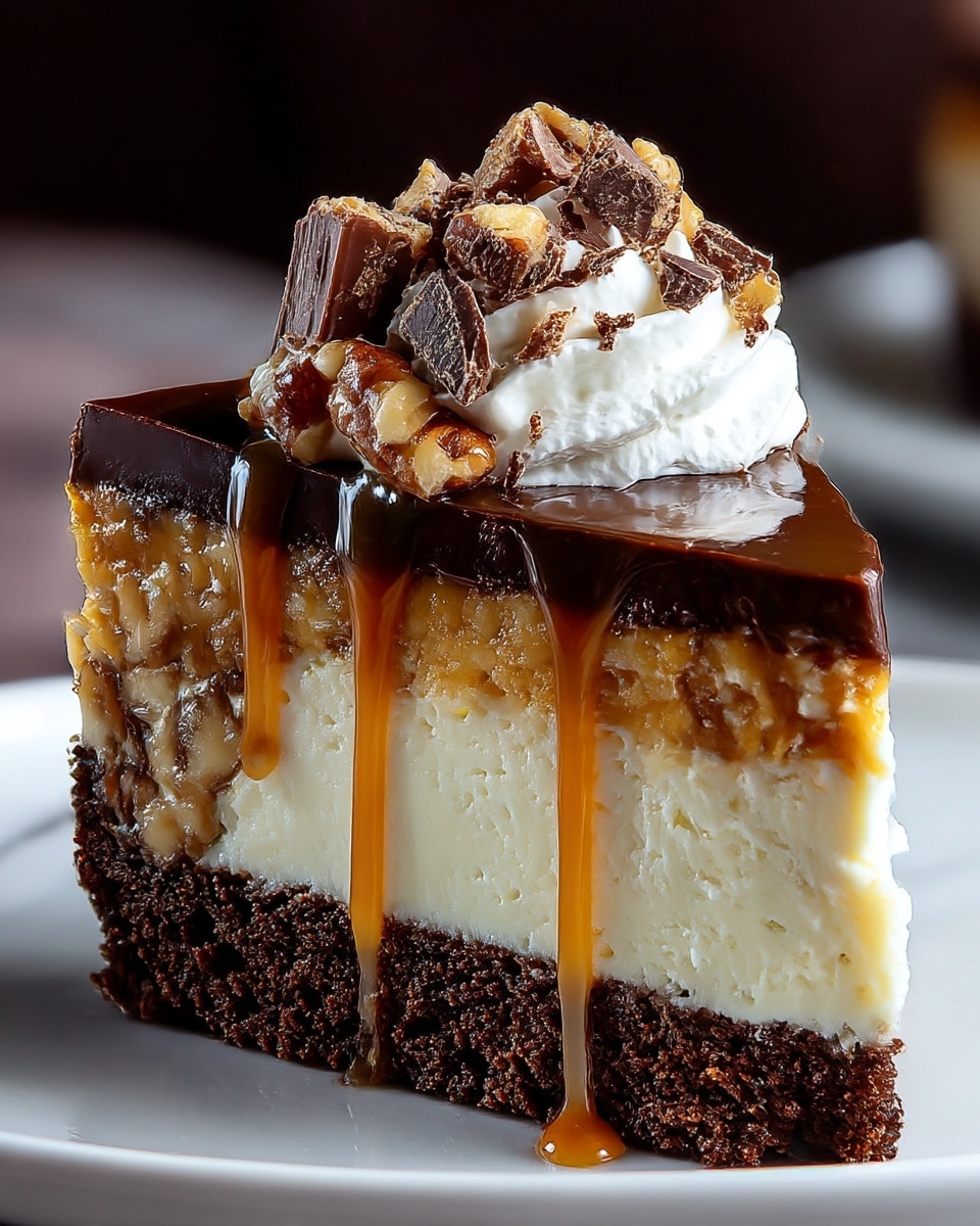 The image shows a slice of rich dessert with four distinct layers on a white plate. The bottom layer is dark brown and looks like moist chocolate cake with a rough texture. Above it is a creamy, pale yellow layer that appears smooth and dense, possibly cheesecake. The third layer is a crumbly nut and caramel mix, golden brown in color, adding a crunchy texture. The top layer is a glossy chocolate ganache, dark and shiny, covered with caramel sauce dripping over the sides. On the very top, there is a small dollop of white whipped cream, sprinkled with chopped nuts and chocolate pieces. The background is a white marbled surface. photo taken with an iphone --ar 4:5 --v 7