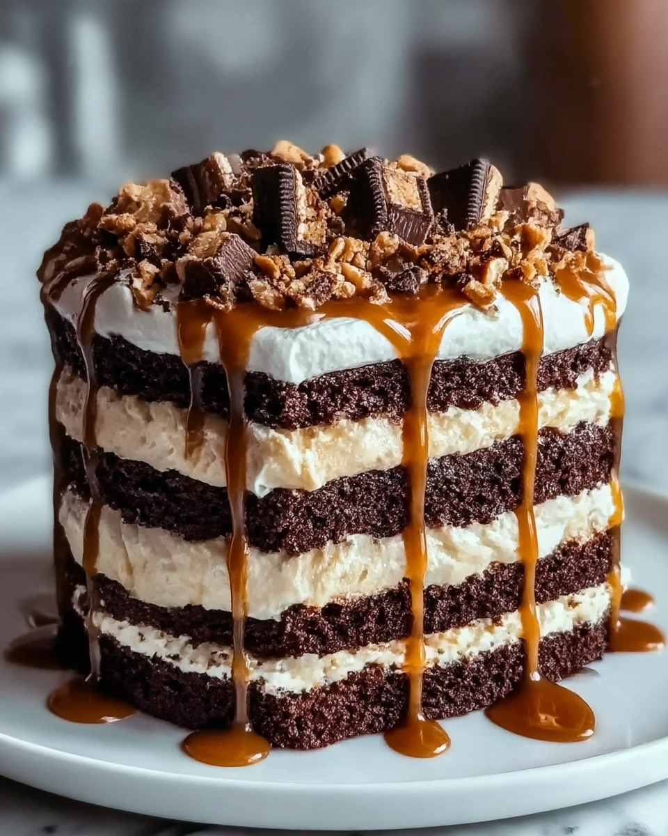 A tall slice of chocolate cake with three thick layers of dark, moist chocolate sponge, separated by two creamy, light caramel-colored filling layers. The top layer is covered with fluffy white cream, dripping with golden caramel sauce that flows down the sides of the cake. The top is sprinkled with small chunks of chocolate and crunchy bits, adding texture and color contrast. The cake sits on a simple white plate with caramel sauce pooling around it, all set against a white marbled surface. photo taken with an iphone --ar 4:5 --v 7