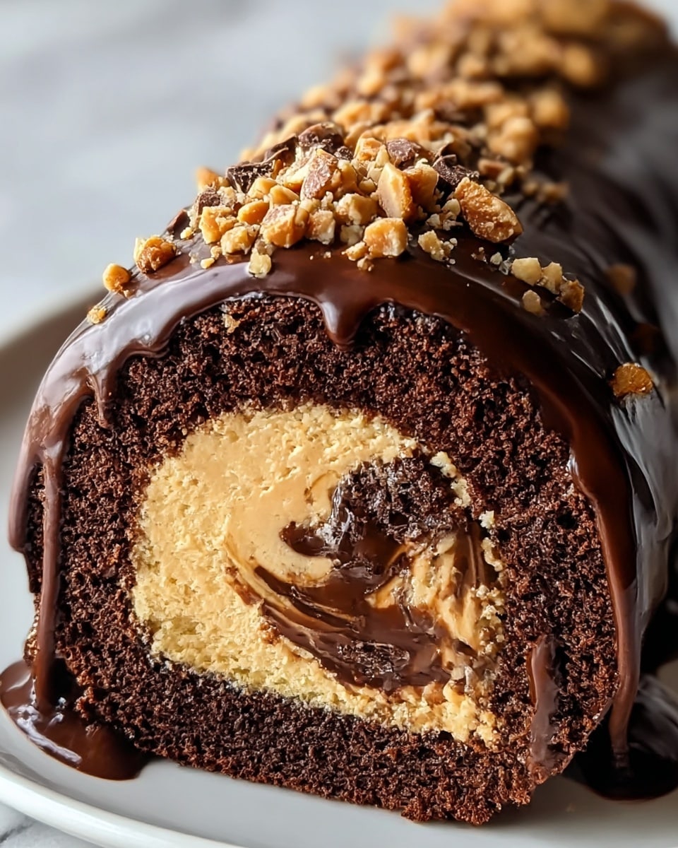 The image shows a close-up of a chocolate and cream roll cake with multiple layers. The outer layer is a shiny, smooth dark chocolate glaze that coats the entire roll. Inside, there is a swirl of dark chocolate cake and a thick, light cream filling that looks soft and fluffy. The top of the roll is sprinkled with crunchy bits of light brown nuts and small chocolate chunks, adding texture. The cake is placed on a white plate over a white marbled surface. Photo taken with an iphone --ar 4:5 --v 7