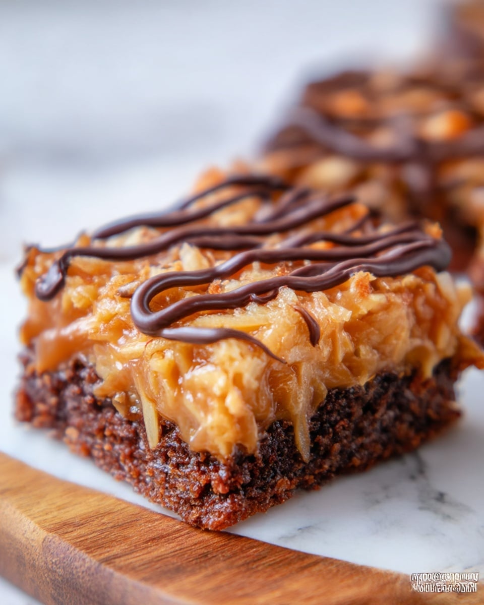 A close-up of a two-layer dessert square on a white marbled surface. The bottom layer is dark brown and moist, looking like a rich chocolate cake or brownie base. The top layer is thick and golden-brown with a shiny, sticky texture, made of toasted coconut flakes mixed into a caramel-like topping. On top, there are two squiggly lines of dark chocolate drizzle crossing the dessert. Pieces of toasted coconut are scattered around the dessert. photo taken with an iphone --ar 4:5 --v 7