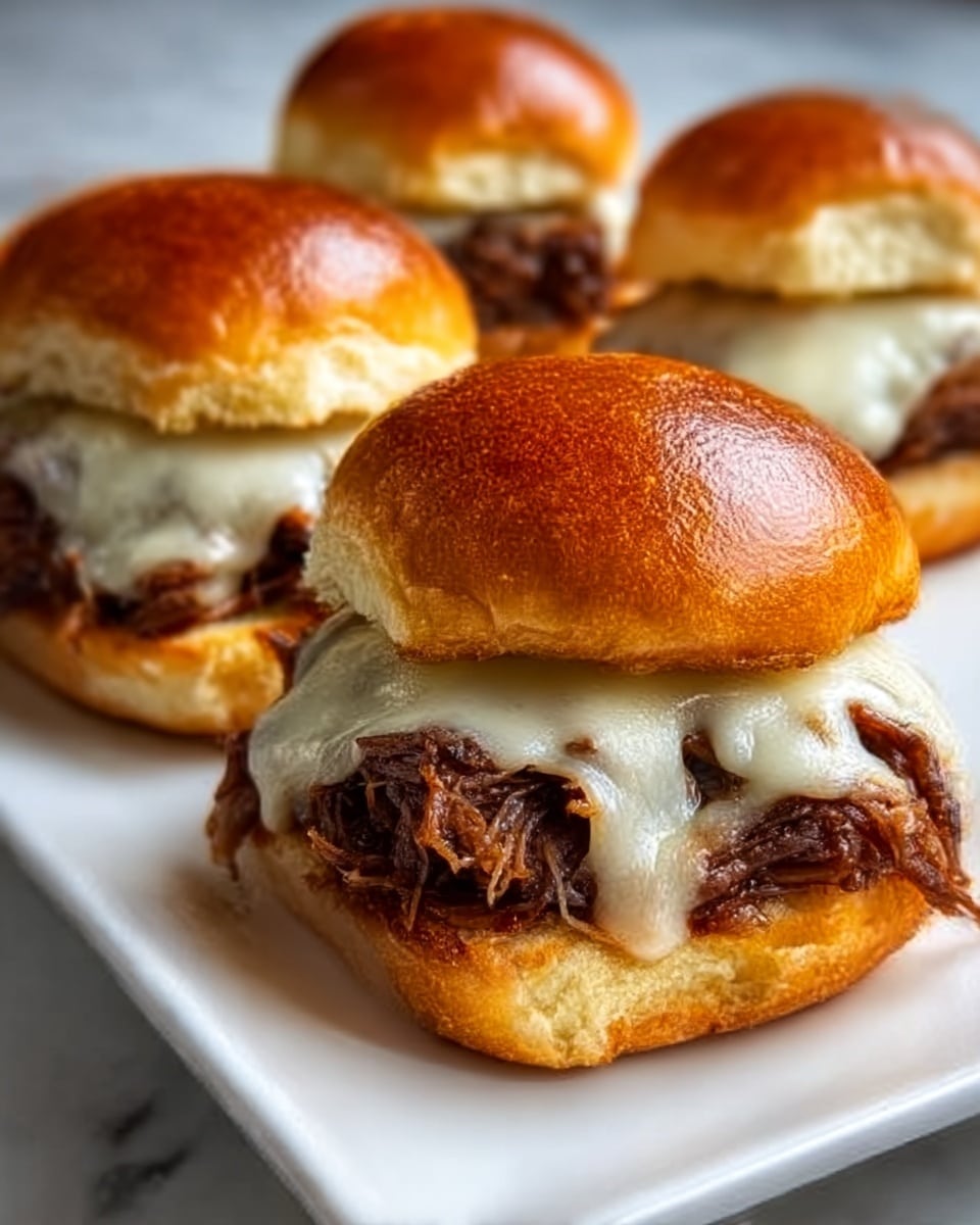 The image shows four small sandwiches placed close together on a white plate, each with a shiny, golden-brown top bun. The bottom bun holds a thick layer of pulled meat that looks tender and juicy, topped with melted white cheese that slightly drapes over the meat's edges. The cheese has a smooth and creamy texture, and underneath, bits of caramelized onion peek out. The buns have a soft texture and a light, fluffy inside. The background is a white marbled texture, making the sandwiches stand out clearly. photo taken with an iphone --ar 4:5 --v 7