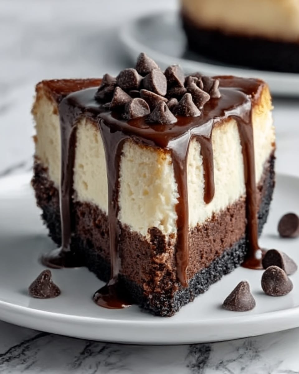 A slice of dessert with three visible layers on a white plate, sitting on a white marbled surface. The bottom layer is dark brown and looks dense and fudgy like chocolate cake or brownie. The middle layer is thick, creamy, and light beige in color, resembling cheesecake. The top layer features a smooth, shiny chocolate drizzle that flows slightly down the sides, with a pile of small, round chocolate chips on top. More chocolate chips are scattered around the slice on the plate. The photo taken with an iphone --ar 4:5 --v 7