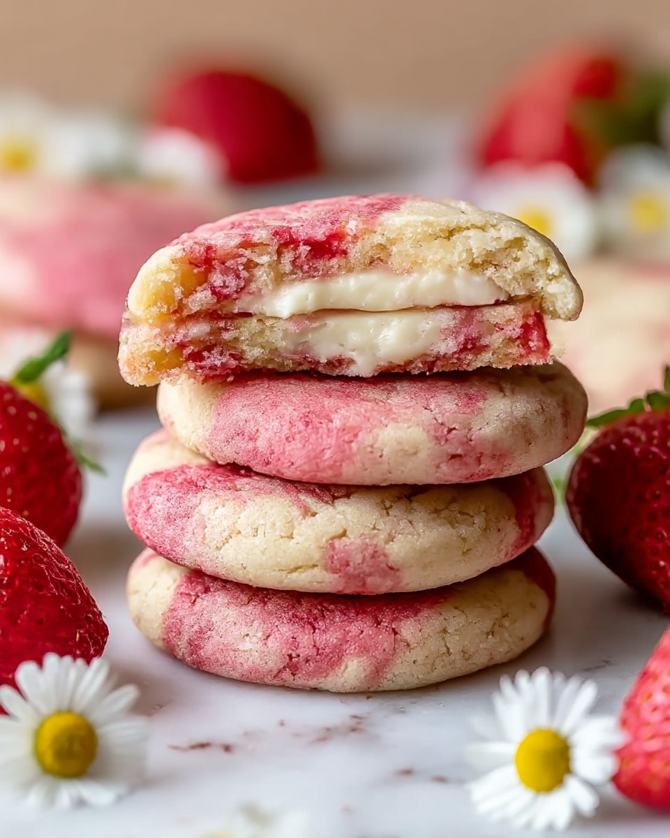 A stack of three soft cookies with a beige base and red swirls, showing two of the cookies cut in half to reveal a creamy white filling inside. The cookies are thick and textured with red berry-like streaks. Around the stack, there are fresh red strawberries and small white flowers with yellow centers placed on a white marbled surface. The photo focuses closely on the cookies, highlighting their soft, crumbly texture and vibrant colors. photo taken with an iphone --ar 4:5 --v 7