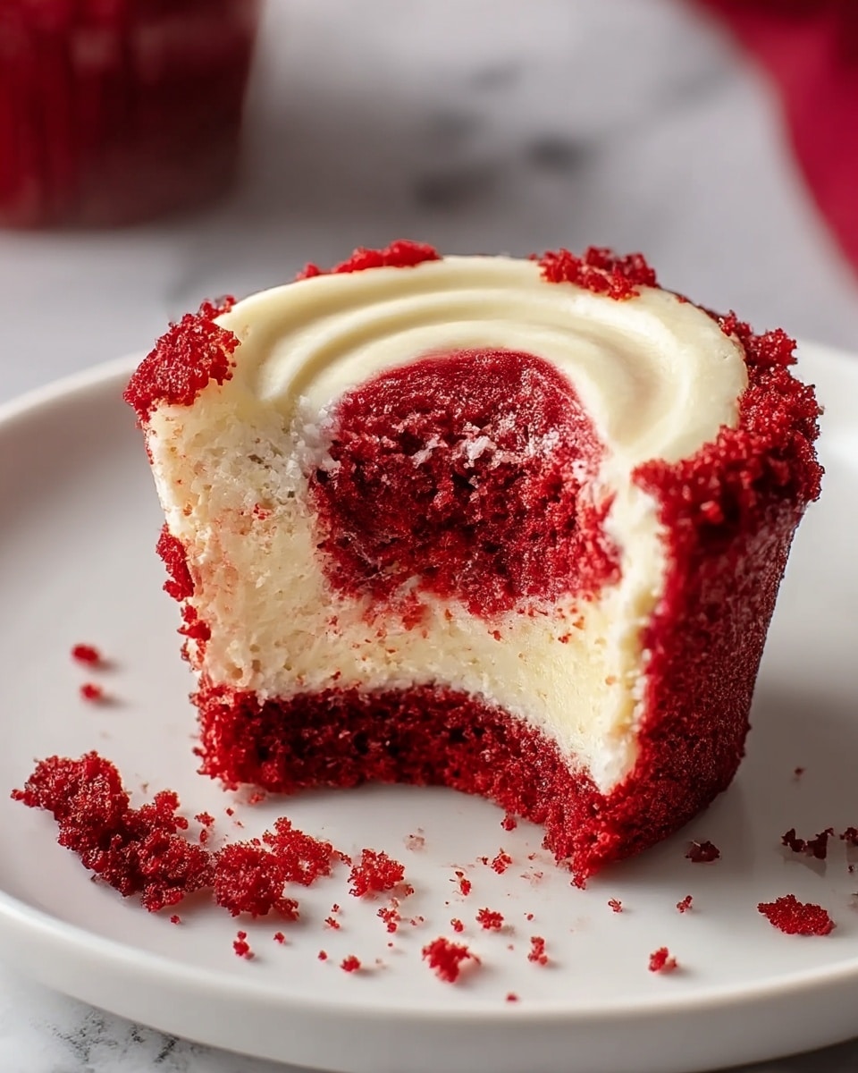A close-up image of a small red velvet cake with a thick white cream cheese layer inside, cut to show the inside. The cake has three layers: a deep red bottom layer with a soft, crumbly texture; a thick, smooth white cream cheese layer in the middle; and a red velvet outer crumb coating surrounding the cake. Some cake crumbs are scattered on the white plate beneath it. The background is a white marbled surface, softly blurred. photo taken with an iphone --ar 4:5 --v 7