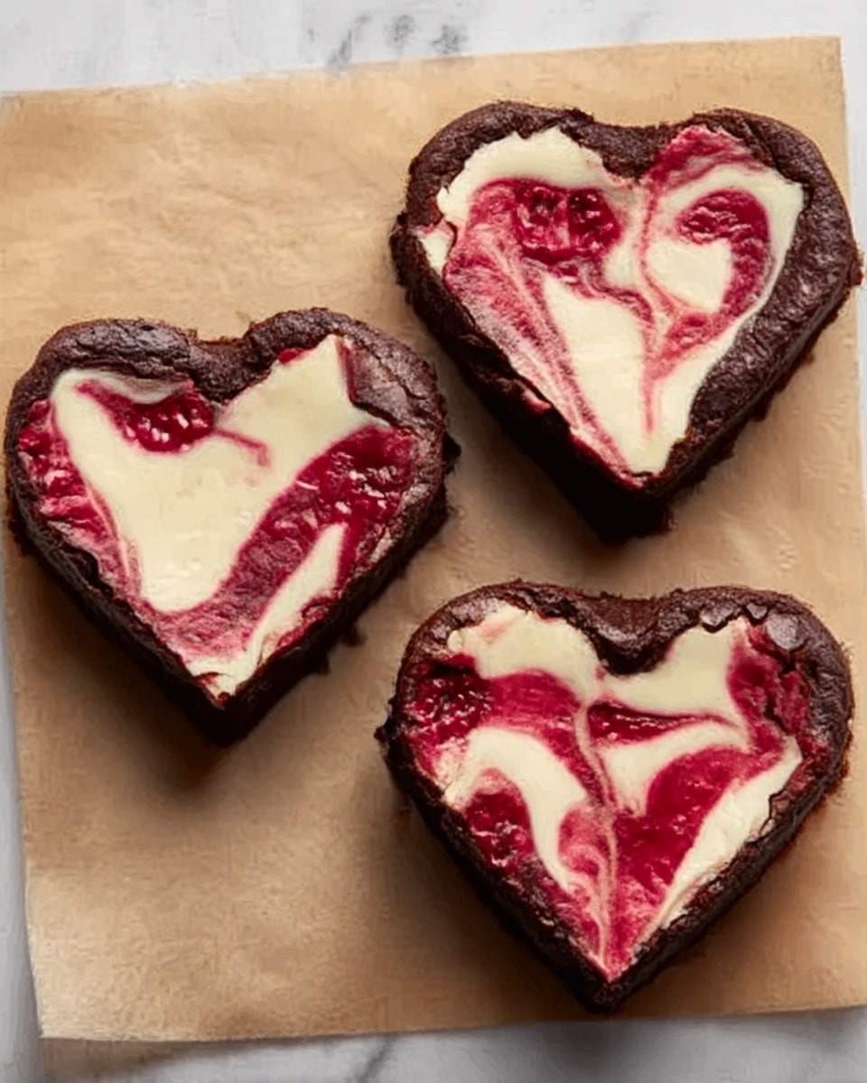 The image shows four heart-shaped chocolate brownies arranged in two rows on a white parchment-lined tray. Each brownie has a swirled pattern on top made of white cream cheese and red raspberry sauce, creating a marbled effect with smooth and creamy layers contrasted by the dark, dense brownie base. The swirls vary slightly in shape but all show a mix of creamy white and bright red over the deep brown texture. The background is a white marbled surface. Photo taken with an iphone --ar 4:5 --v 7