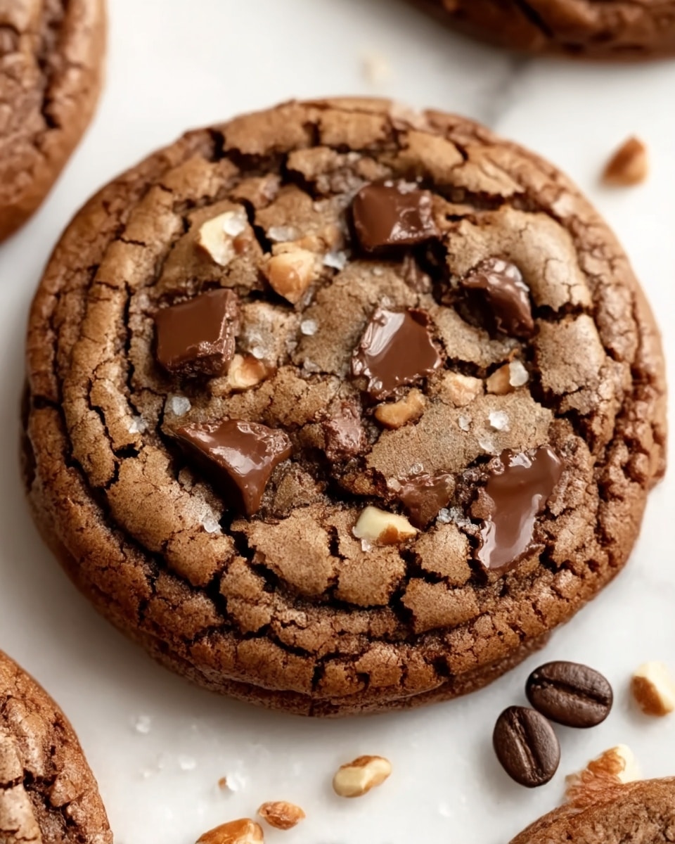 The image shows a close-up of a soft, thick chocolate cookie with a cracked surface texture revealing gooey melted chocolate chips inside. The cookie is round with slightly uneven edges and light brown color with darker spots from the chocolate chips. It sits on a white marbled surface with some coffee beans scattered around, adding depth and contrast to the scene. The warm tones and soft lighting highlight the cookie’s rich texture and chocolatey details, making it look fresh and tasty. Photo taken with an iphone --ar 4:5 --v 7