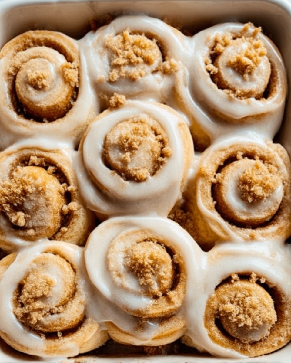 The image shows a white baking dish filled with nine cinnamon rolls arranged close together in three rows of three. Each cinnamon roll has a golden-brown spiral with a soft, gooey texture and is generously covered with a thick, creamy white icing that smoothly coats the rolls and pools slightly around them. The tops of the rolls have a sprinkling of light brown crumbly streusel bits adding texture. The white marbled surface underneath enhances the warm colors of the rolls. Photo taken with an iphone --ar 4:5 --v 7
