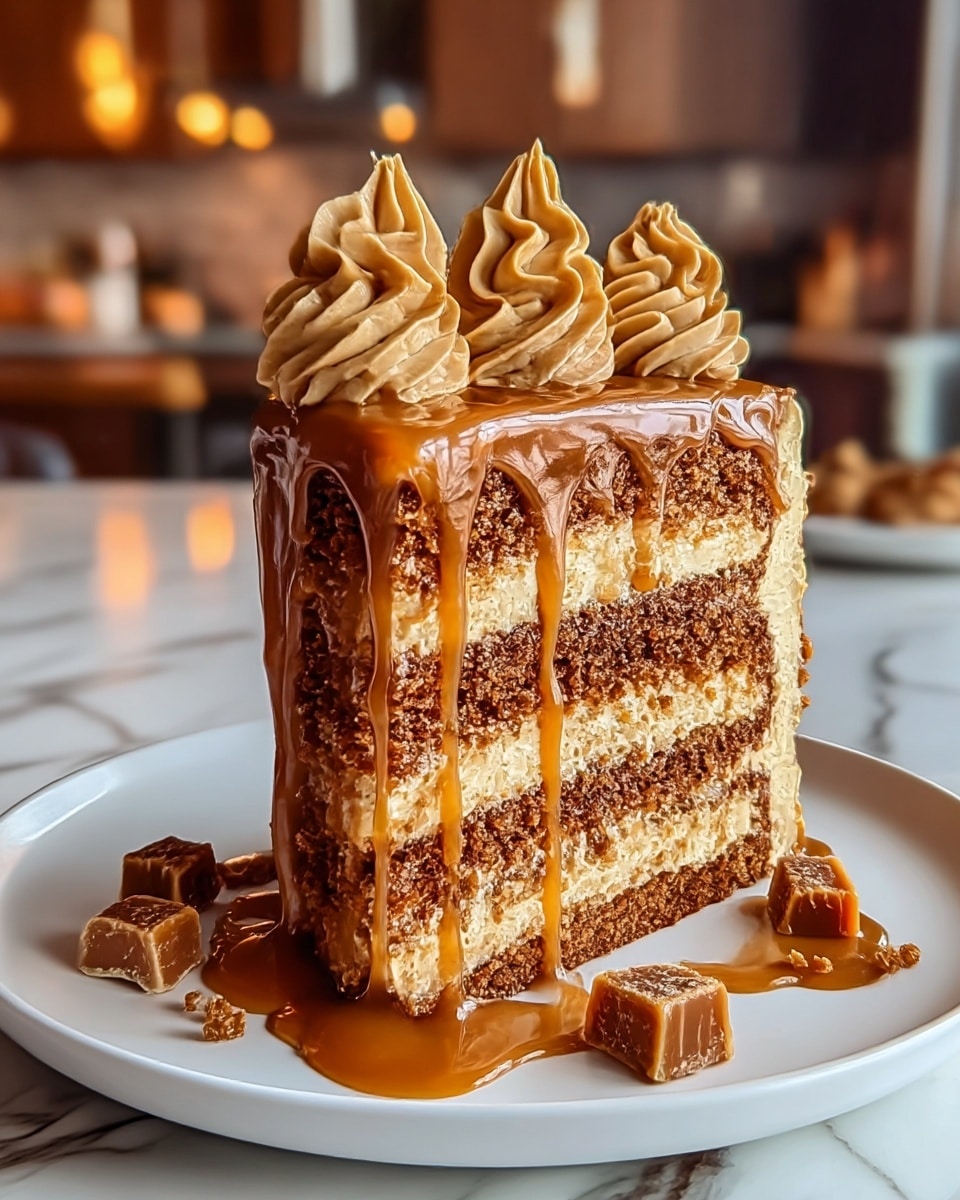 A three-layer cake slice is shown, each layer of crumbly brown cake separated by thick, smooth caramel-colored frosting. The top is thickly covered with glossy caramel sauce that drips down the sides and pools onto the white plate beneath. Decorative swirls of the same caramel frosting sit on top, adding texture and height. Small caramel pieces are scattered around the base of the cake on the plate. The background shows a slightly blurred kitchen scene with warm lighting, resting on a white marbled surface. photo taken with an iphone --ar 4:5 --v 7