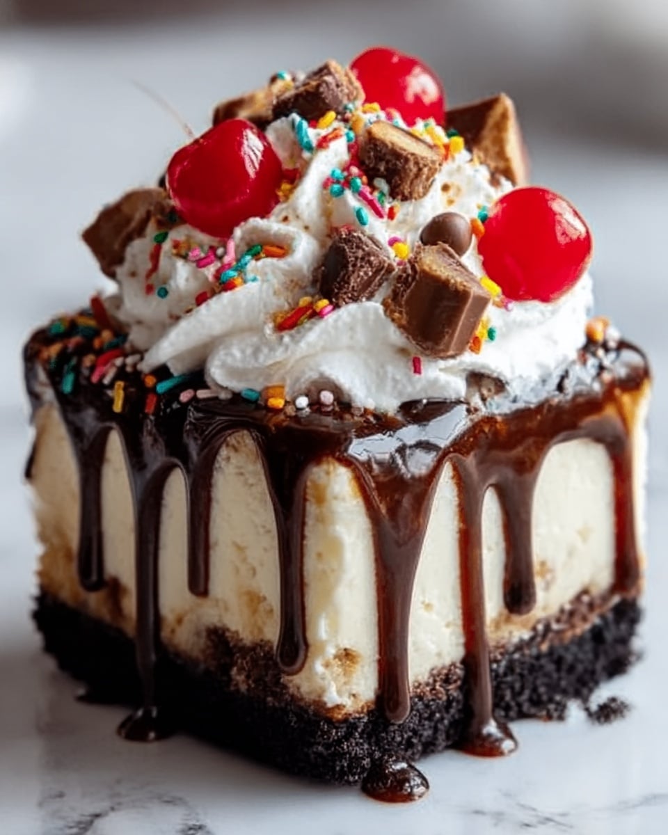 A thick, square dessert with three visible layers sits on a smooth white marbled surface. The bottom layer is a dark, crumbly chocolate crust. Above this is a creamy, pale vanilla layer, topped by a thick drizzle of shiny, dark chocolate sauce that drips down the sides. A generous swirl of white whipped cream covers the top, decorated with colorful sprinkles, bright red maraschino cherries, and small pieces of chocolate candy bars scattered across the whipped cream. Photo taken with an iphone --ar 4:5 --v 7
