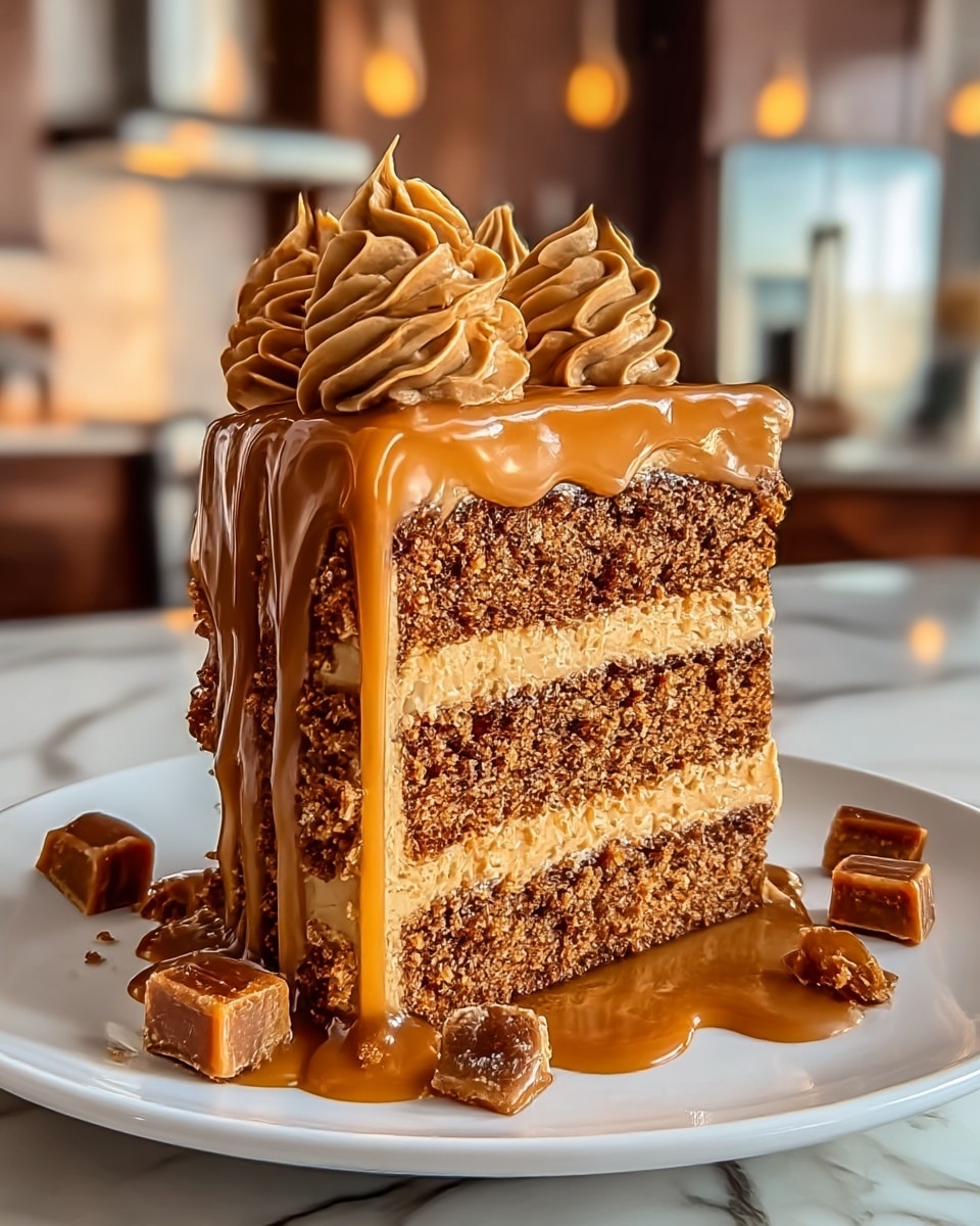 A slice of three-layer cake sits on a white plate with delicate patterns. The bottom, middle, and top layers are all dense, crumbly brown cake with a slightly rough texture. Between the cake layers are two thick layers of smooth, light brown frosting. On top, the cake is covered with thick, glossy caramel sauce that drips down the sides over the frosting and cake. Five dollops of textured darker brown frosting decorate the top edge of the slice, resembling small rosettes. Extra small caramel candies are placed around the base of the slice on the plate. The setting features a softly blurred kitchen background with a white marbled texture surface beneath the plate. photo taken with an iphone --ar 4:5 --v 7